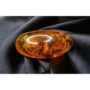Vintage Amber Resin Brooch With Beetle & Floral Inclusion - Oval Shape Pin For C